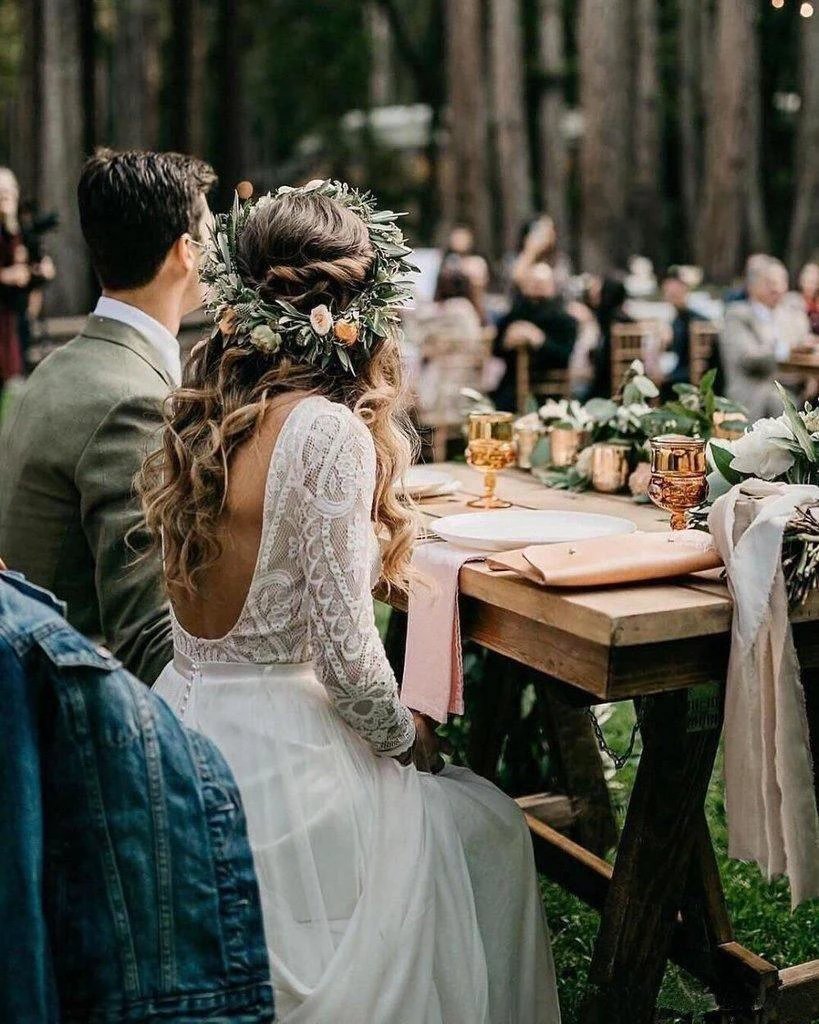 Scoop Long Sleeve Chiffon Wedding Dresses Backless Ivory Bridal Gown WD509 by pgmdress