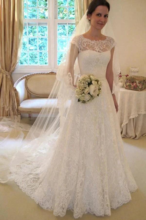 Scoop Neck Short Sleeve A-Line Lace Wedding Dress WD043 by pgmdress