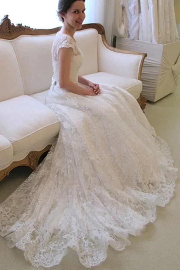Scoop Neck Short Sleeve A-Line Lace Wedding Dress WD043 by pgmdress