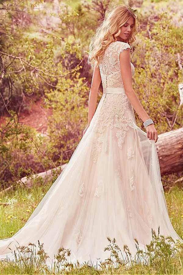Scoop Neckline A-Line Tulle Wedding Dresses With Lace Appliques WD202 by pgmdress
