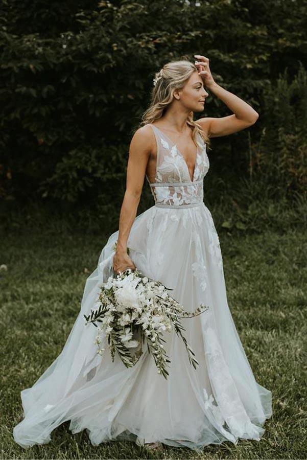 See Through Lace Ivory Tulle V-neck V-back Beach Wedding Dresses WD419 by pgmdress