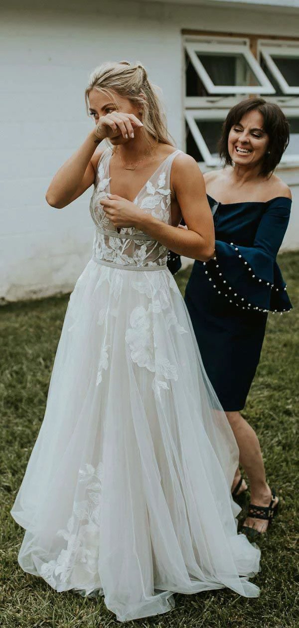 See Through Lace Ivory Tulle V-neck V-back Beach Wedding Dresses WD419 by pgmdress