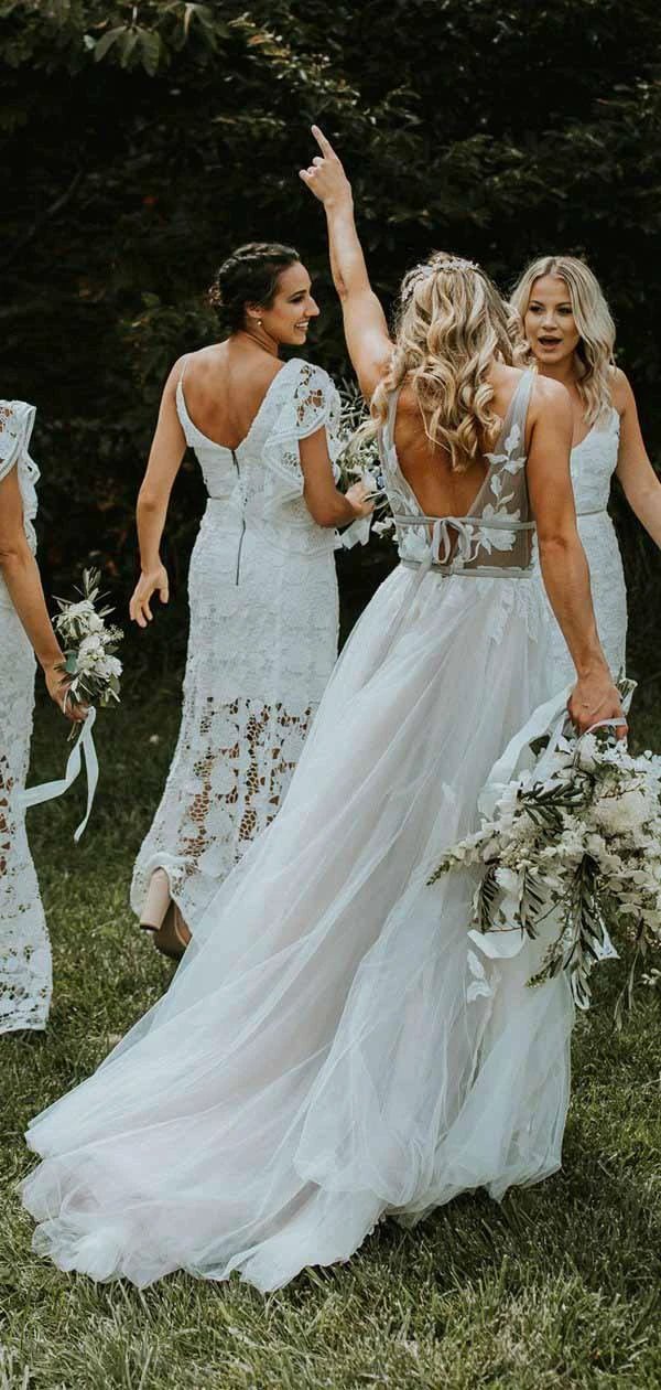 See Through Lace Ivory Tulle V-neck V-back Beach Wedding Dresses WD419 by pgmdress