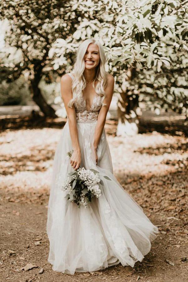 See Through Lace Ivory Tulle V-neck V-back Beach Wedding Dresses WD419 by pgmdress