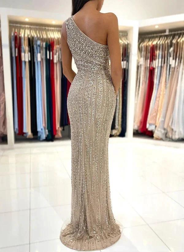 Elegant Mermaid One Shoulder Sequined Sleeveless Long Prom Dress with Front Split by Biztunnel