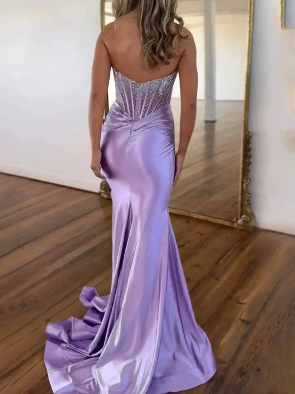 Serin | Purple Strapless Mermaid Satin Long Prom Dress With Beading by KissProm
