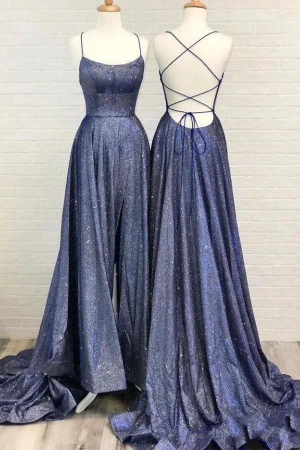 Sexy A-line Bright Silk Open Back Long Prom Dress with Slit by BIZTUNNEL