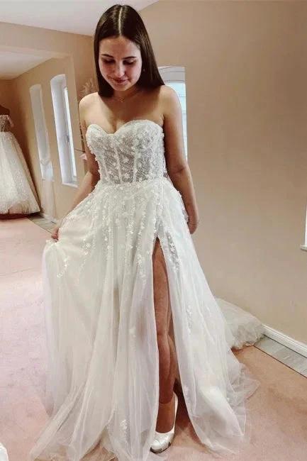 Sexy A-line Long Glitter Lace Sleeveless Wedding Dresses With Slit by misshow.com