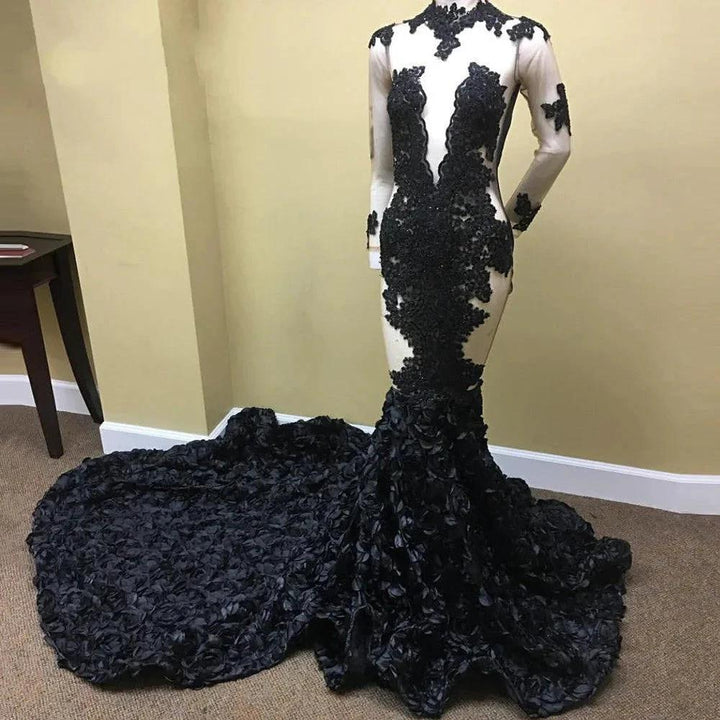 Sexy Black Long Sleeve Prom Dress Lace Evening Gown With Flowers Bottom by misshow.com