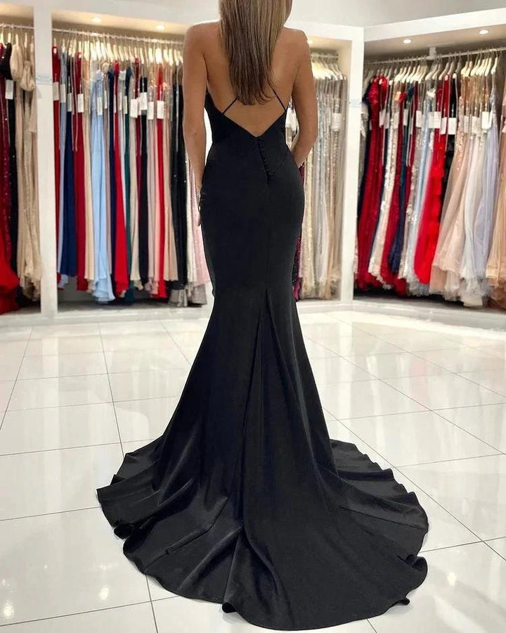 Sexy Black Mermaid V-neck Backless Long Prom Dress by BIZTUNNEL