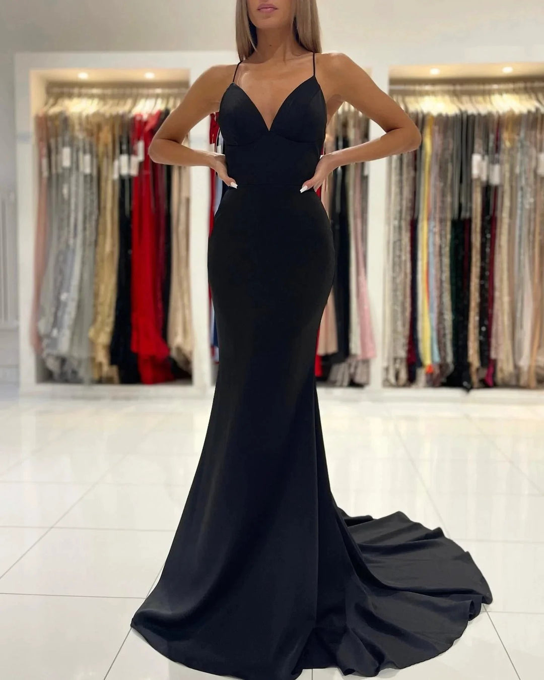 Sexy Black Mermaid V-neck Backless Long Prom Dress by BIZTUNNEL