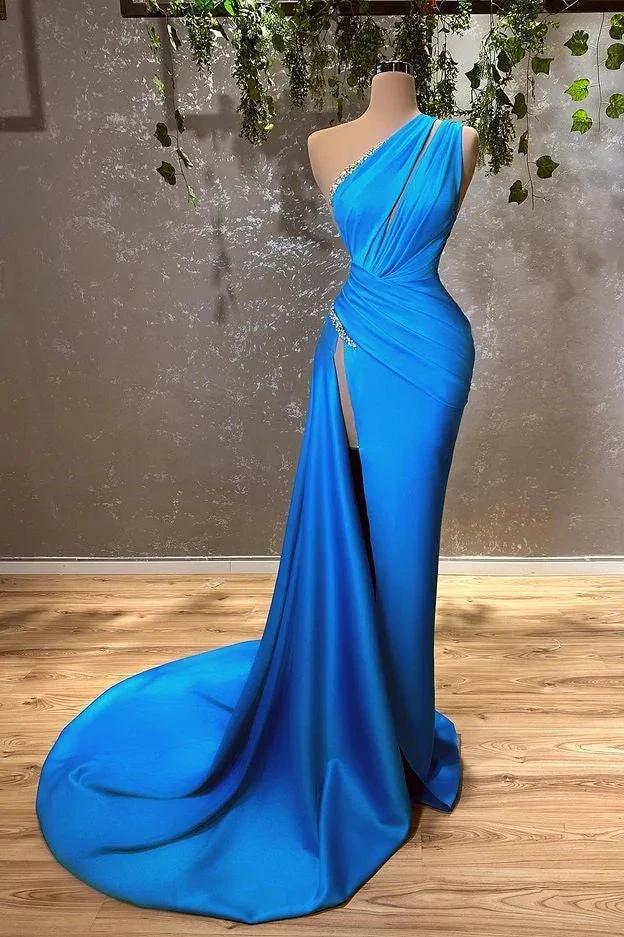 Sexy Blue One Shoulder Split Mermaid Prom Dress With Beads by misshow.com