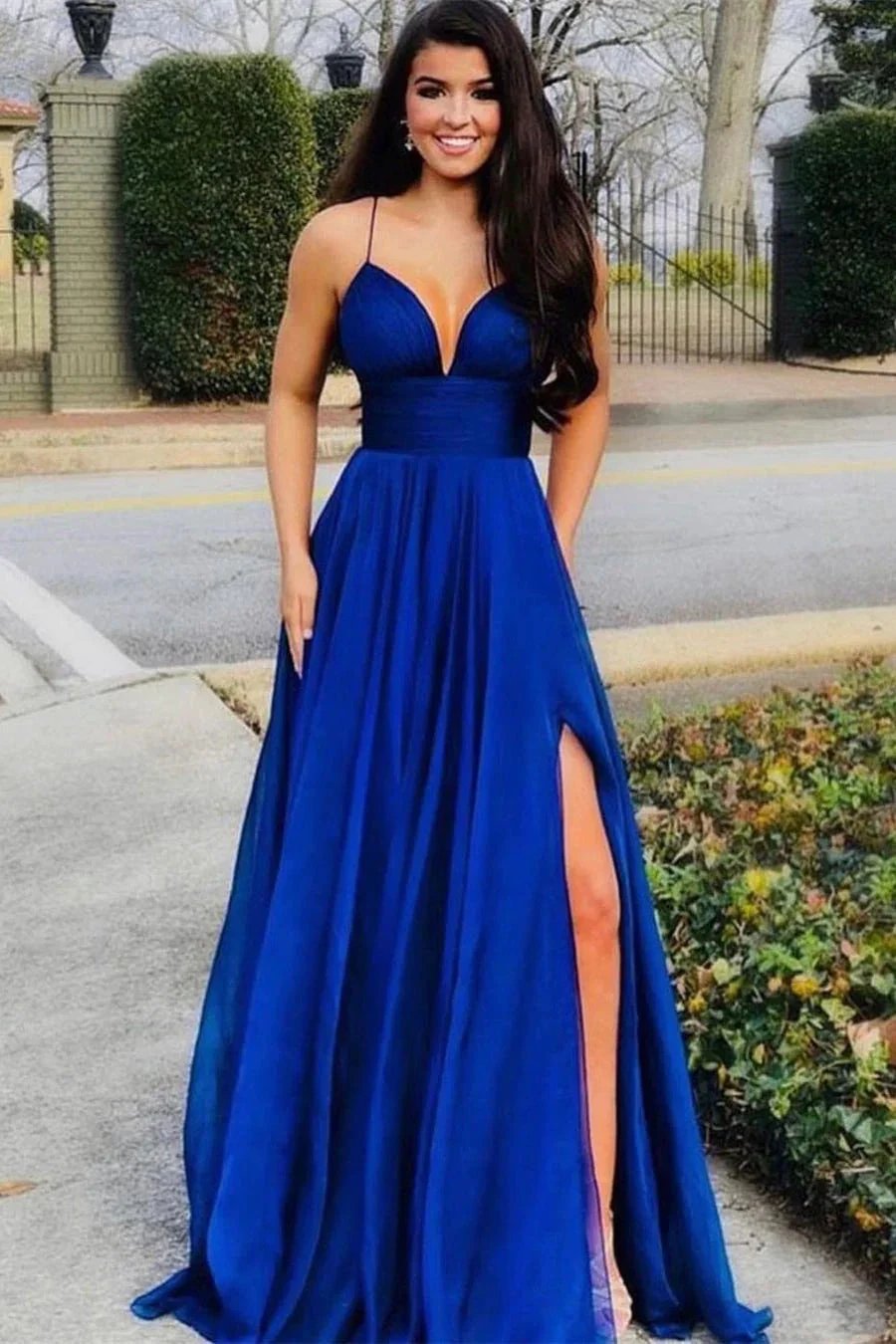 Sexy Floor Length Sleeveless A Line Satin Prom Dress with Split by misshow.com