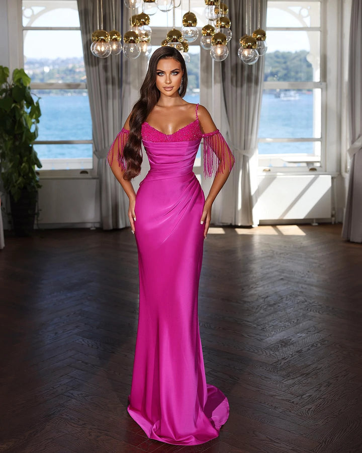 Sexy Floor Length Spaghetti Straps Mermaid Satin Evening Dress with Beads by misshow.com