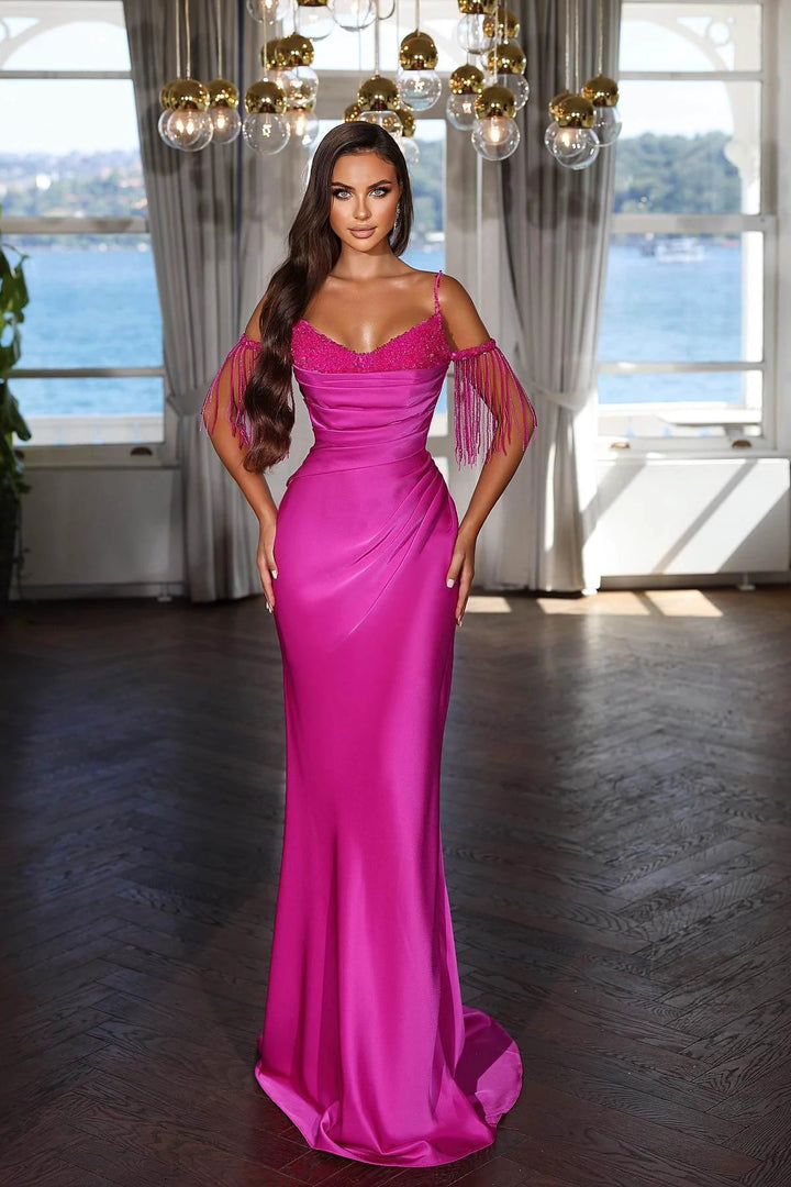 Sexy Floor Length Spaghetti Straps Mermaid Satin Evening Dress with Beads by misshow.com