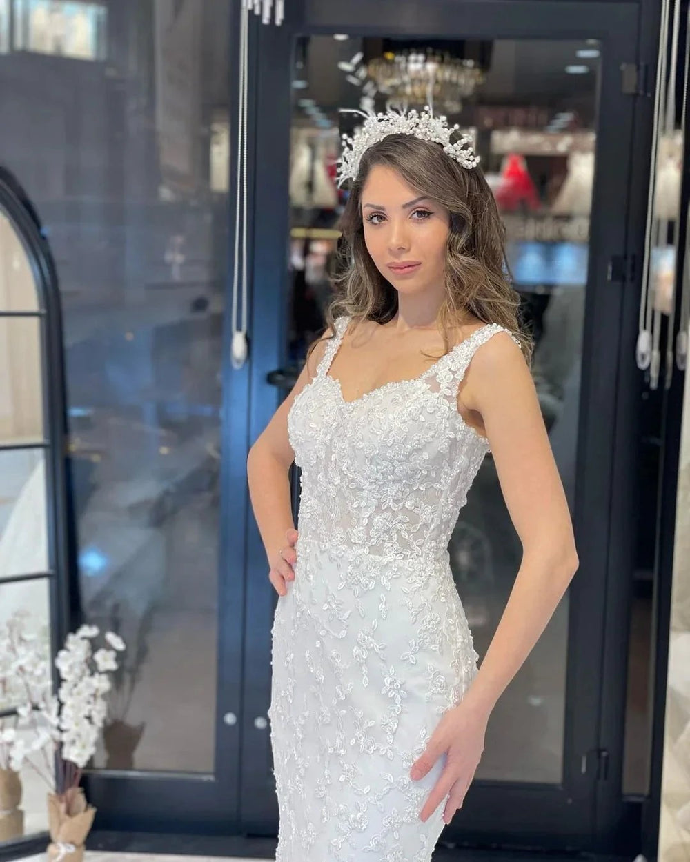 Sexy Floor Length Sweetheart Traps Sleeveless Mermaid Lace Weddding Dress with Court Train by misshow.com
