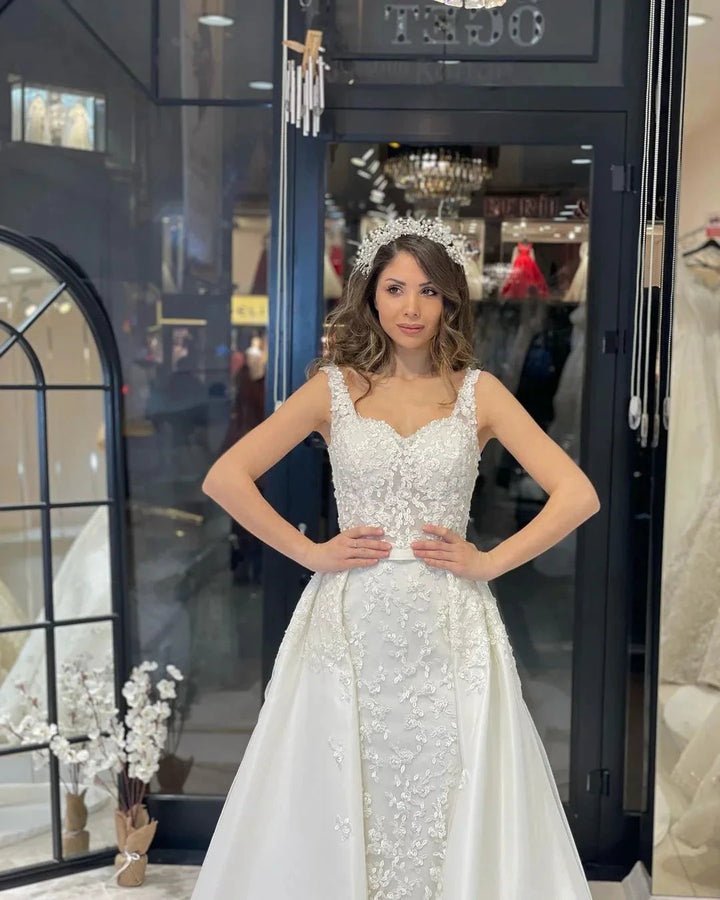 Sexy Floor Length Sweetheart Traps Sleeveless Mermaid Lace Weddding Dress with Court Train by misshow.com