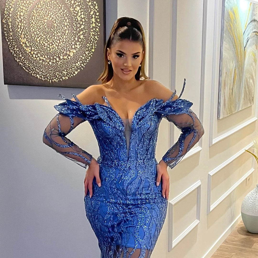 Sexy Floor Length V-Neck Long Sleeves Sheath Mermaid Lace Prom Dress by misshow.com