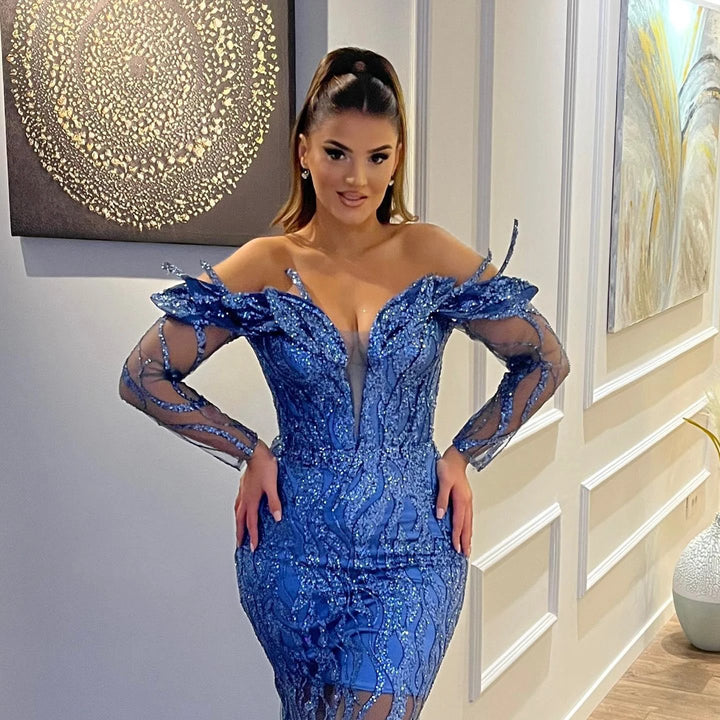 Sexy Floor Length V-Neck Long Sleeves Sheath Mermaid Lace Prom Dress by misshow.com