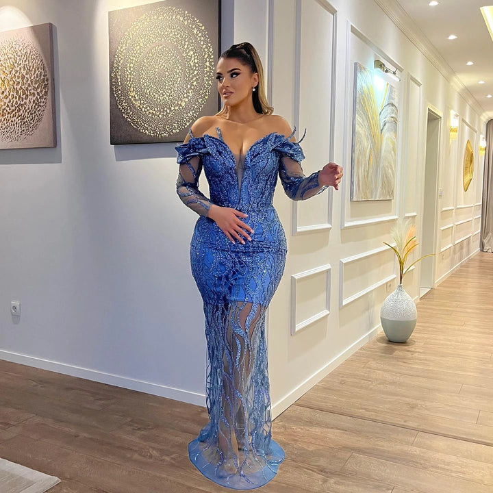 Sexy Floor Length V-Neck Long Sleeves Sheath Mermaid Lace Prom Dress by misshow.com