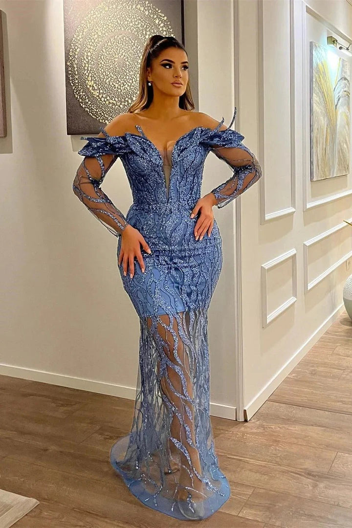 Sexy Floor Length V-Neck Long Sleeves Sheath Mermaid Lace Prom Dress by misshow.com