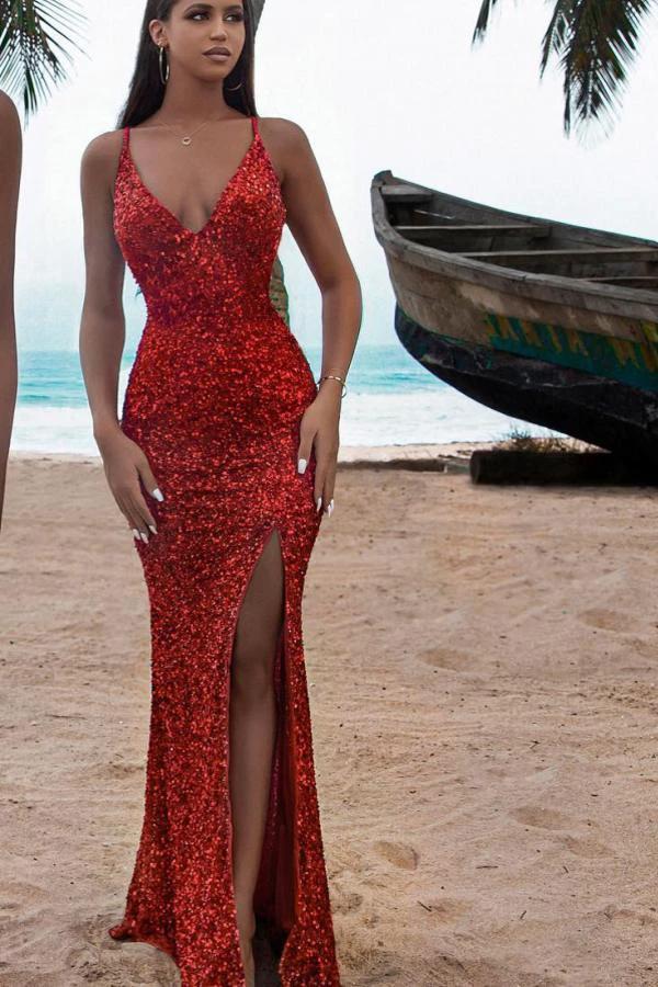 Sexy Glitter Long Mermaid V-neck Sequins Formal Prom Dress with Slit by BIZTUNNEL