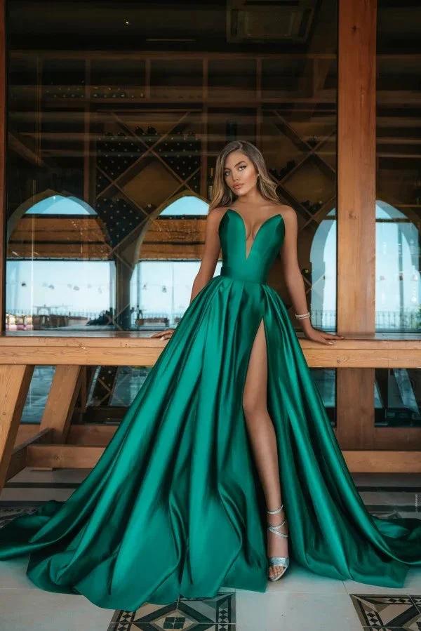 Sexy Green Long A-line V-neck Satin Prom Dress with Slit by BIZTUNNEL
