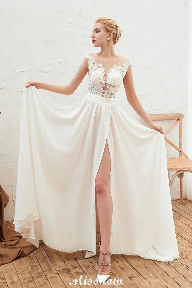 Sexy High Split Cap Sleeve Wedding Dress Sheer Back Ivory Lace Bridal Gown by misshow.com