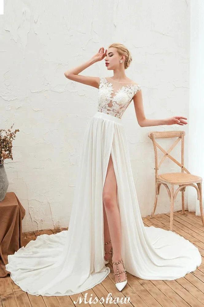 Sexy High Split Cap Sleeve Wedding Dress Sheer Back Ivory Lace Bridal Gown by misshow.com