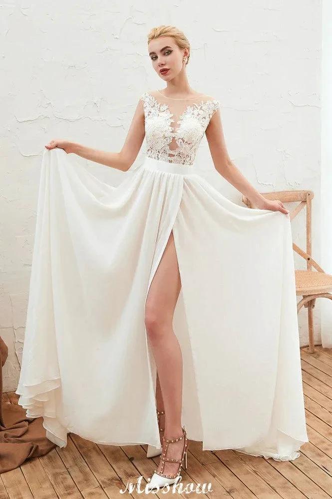 Sexy High Split Cap Sleeve Wedding Dress Sheer Back Ivory Lace Bridal Gown by misshow.com