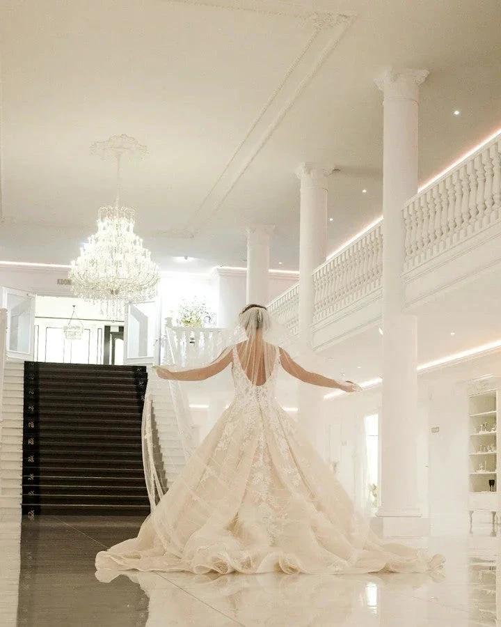 Sexy Long A-Line V-neck Spaghetti Straps Appliques Lace Backless Wedding Dress by BIZTUNNEL