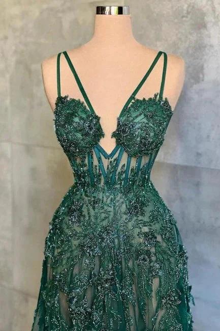 Vestido de Festa Verde Sexy Comprido em Linha A com Decote em V e Alças Finas com Renda