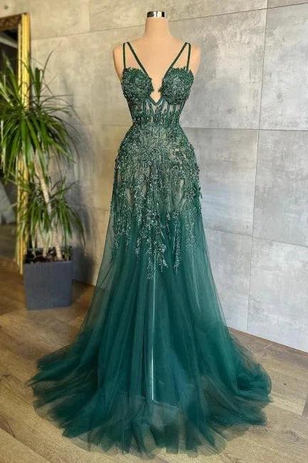 Vestido de Festa Verde Sexy Comprido em Linha A com Decote em V e Alças Finas com Renda