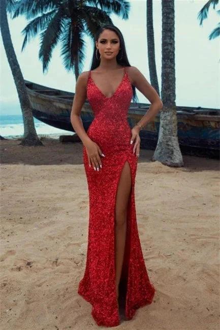 Sexy Long Glitter Red Sleeveless Mermaid Evening Dress With Slit by misshow.com