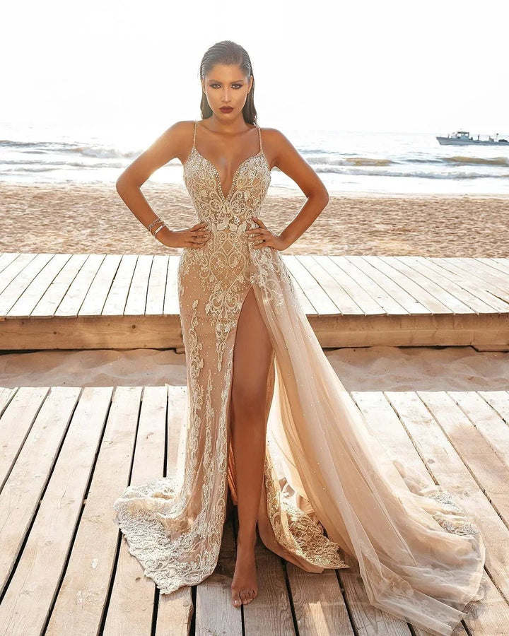 Sexy Long Mermaid Appliques Lace Split Wedding Dress With Side Train by BIZTUNNEL