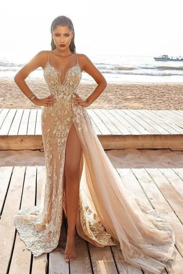 Sexy Long Mermaid V-neck Lace Tulle Prom Dress with Slit by BIZTUNNEL