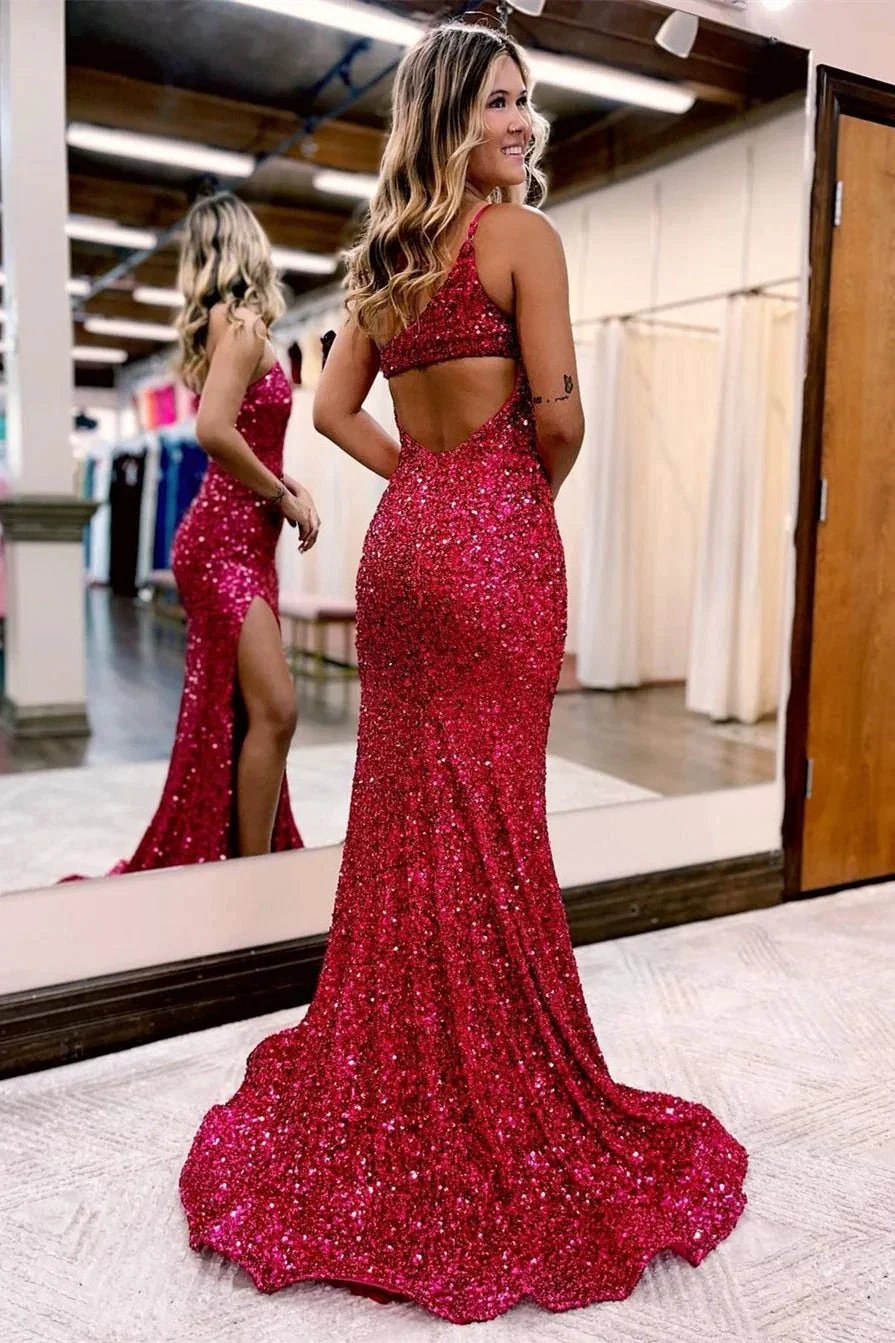 Sexy Long One Shoulder Sequined Mermaid Evening Dress by misshow.com