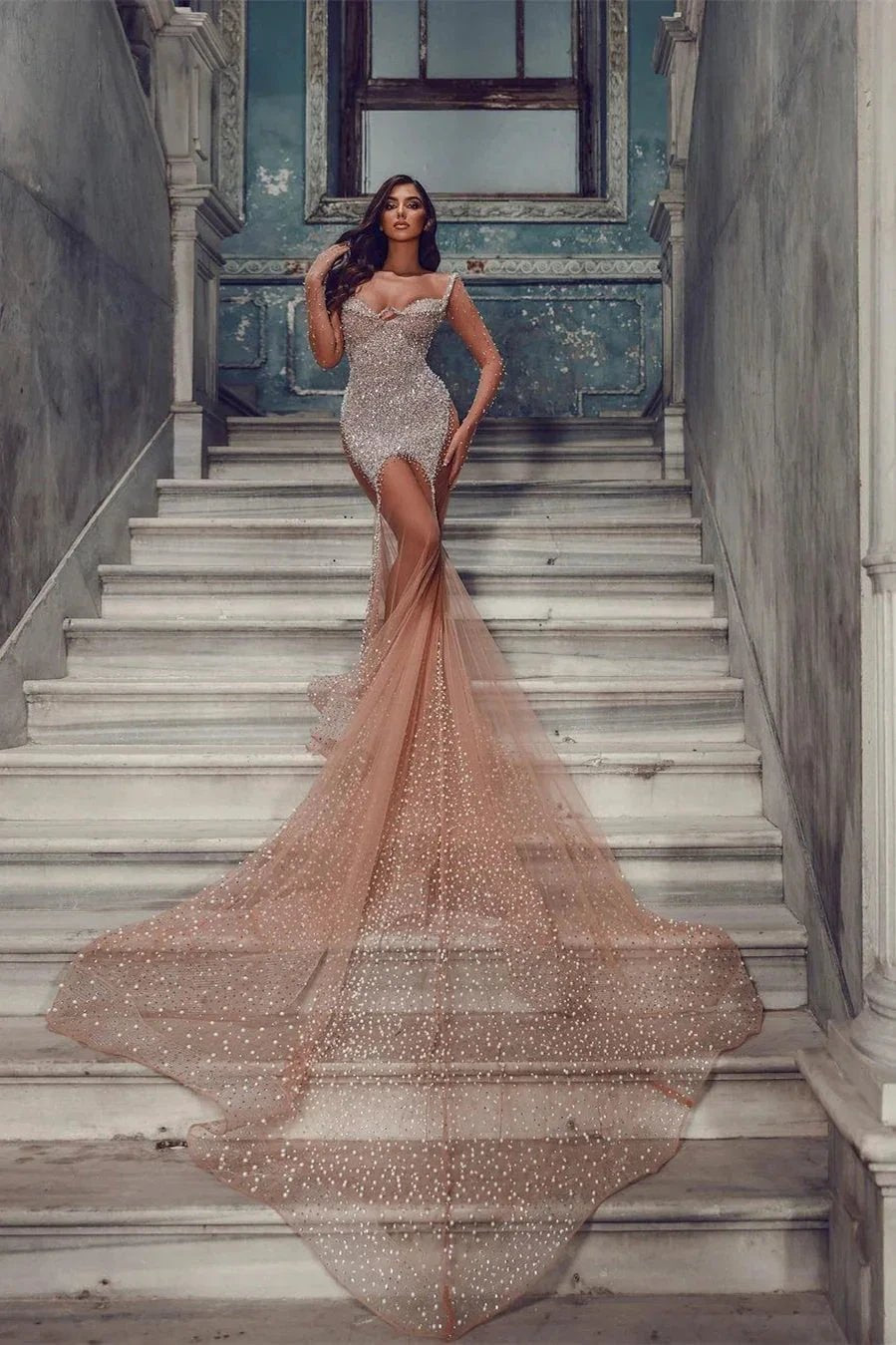 Sexy Long Tulle Mermaid Sequined Long Sleeves Prom Dress With Train by misshow.com