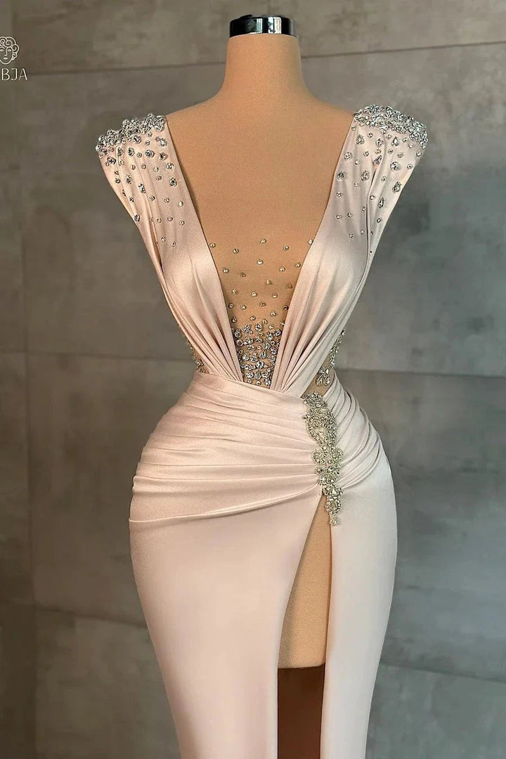 Sexy Long V-neck Split Front Mermaid Prom Dress With Rhinestones by misshow.com