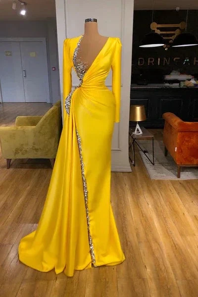 Sexy Long Yellow V-neck Sequined Split Prom Dress With Long Sleeves by misshow.com