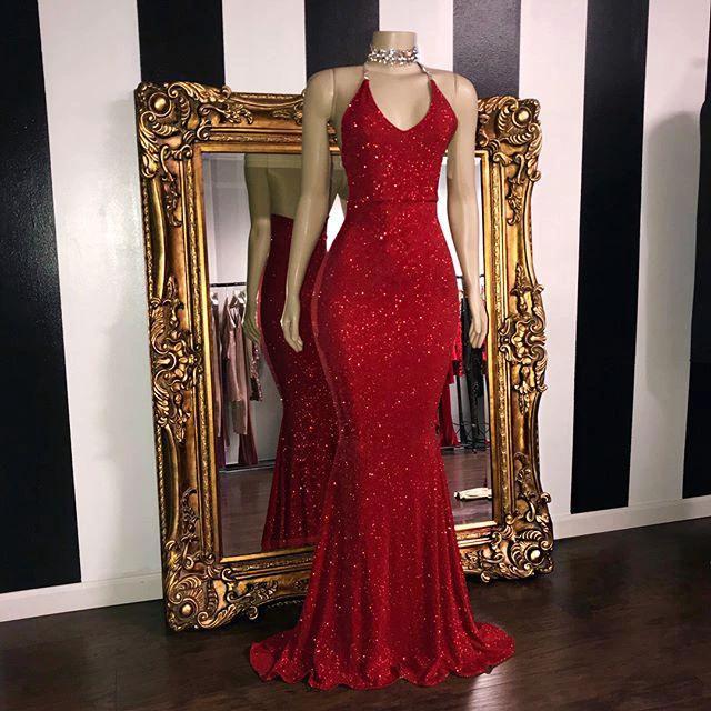 Sexy Mermaid Halter Sequins Red Long Prom Dresses by BIZTUNNEL