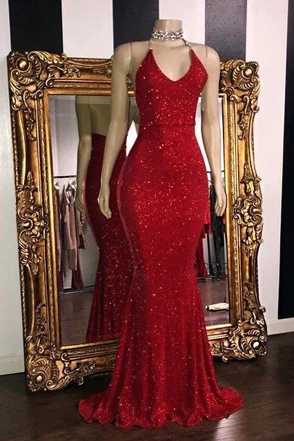 Sexy Mermaid Halter Sequins Red Long Prom Dresses by BIZTUNNEL