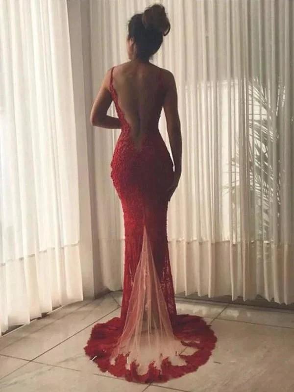 Sexy Mermaid Lace Open Back V Neck Side Split Long Prom Dresses by misshow.com