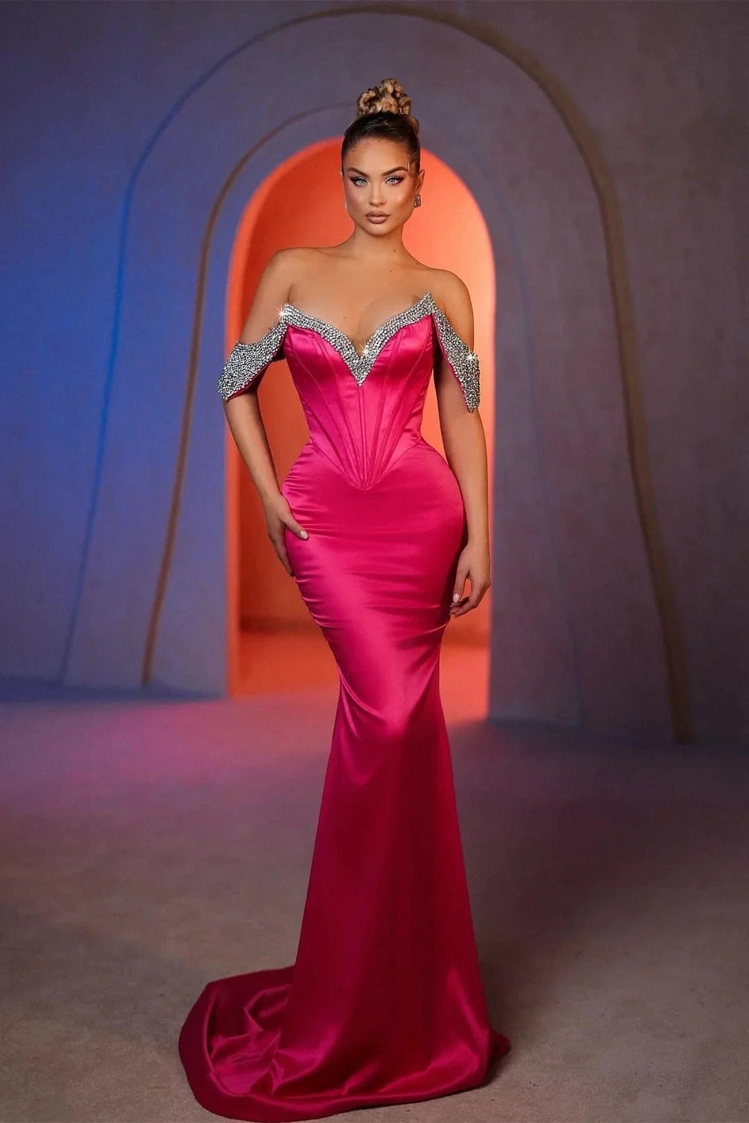 Sexy Mermaid Off-the-shoulder Sleeveless Rhinestone Satin Prom Dresses by misshow.com