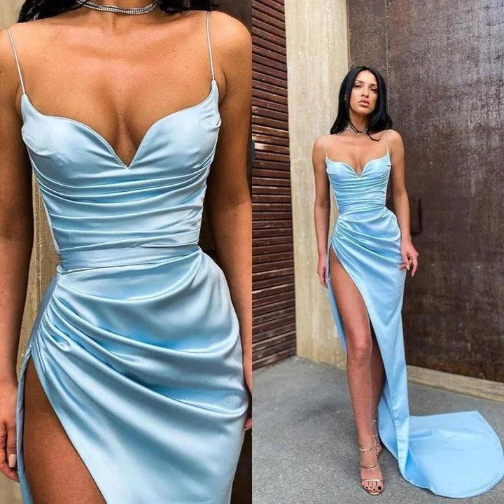 Sexy Mermaid Sweetheart Sky Blue Satin Long Prom Evening Dresses with High Split by misshow.com