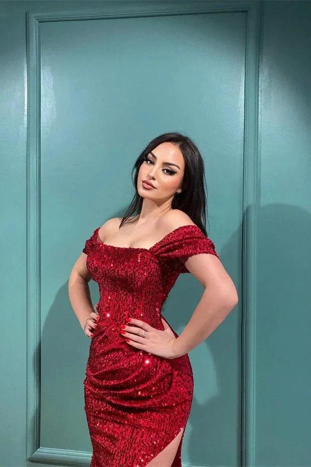 Sexy Off The Shoulder Front-Split Prom Dresses With Long Sleeves by misshow.com