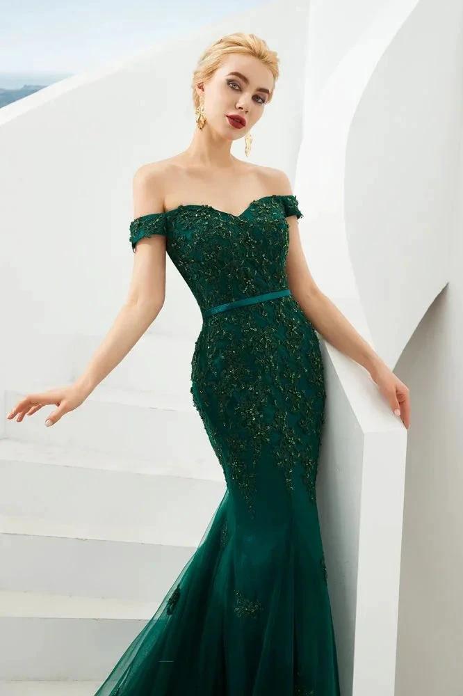 Sexy Off the Shoulder Mermaid Evening Party Gown Backless Tulle Prom Dress by misshow.com