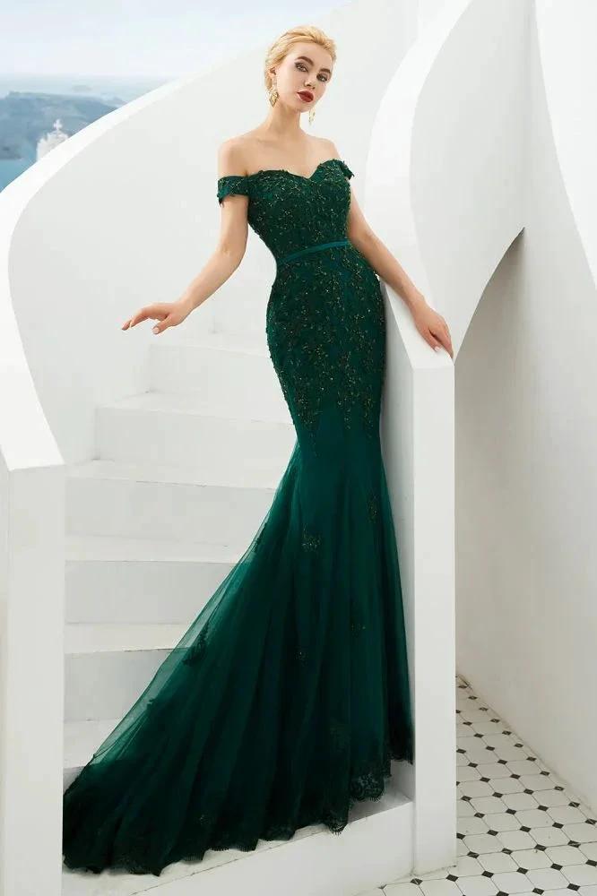 Sexy Off the Shoulder Mermaid Evening Party Gown Backless Tulle Prom Dress by misshow.com