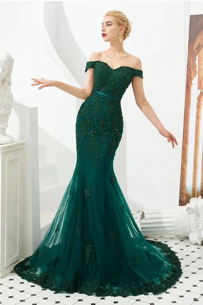 Sexy Off the Shoulder Mermaid Evening Party Gown Backless Tulle Prom Dress by misshow.com