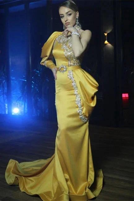 Sexy One Puffy Sleeves Satin Mermaid Prom Dress with Glitter Crystals by misshow.com